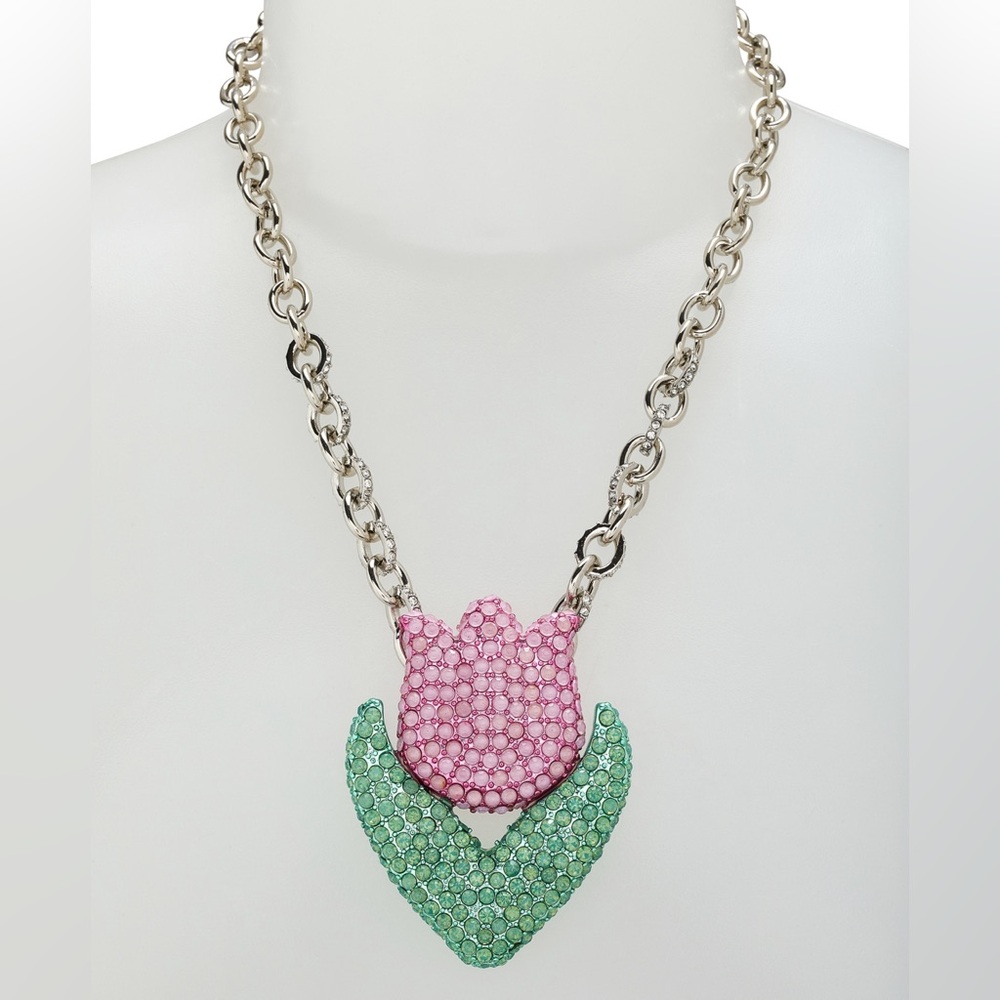 Betsey Johnson Pink and Green Crystal Tulip Pendant Necklace